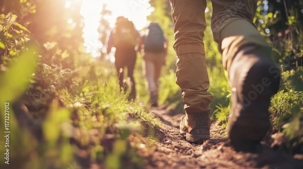 Fototapeta Group of Hikers Walking Through a Sunlit Forest Path Surrounded by Vibrant Greenery and Natural Light in a Peaceful Outdoor Environment