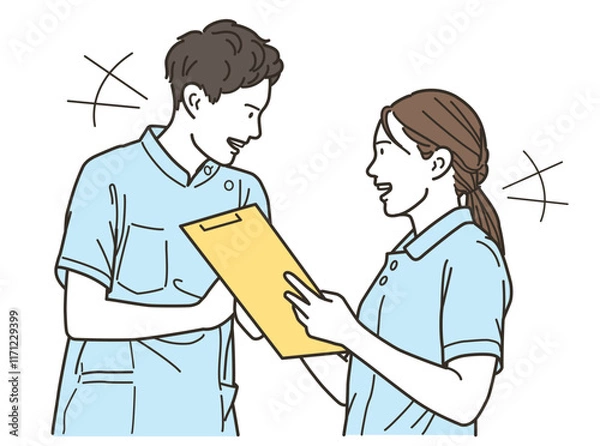 Obraz 笑顔で会話をする医療従事者の男女