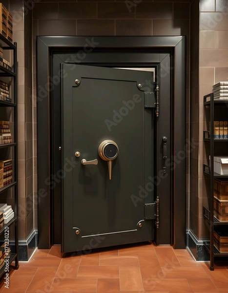 Fototapeta Door of big vintage safe in retail store bank vault security valuable storage, Side lit, with white tones