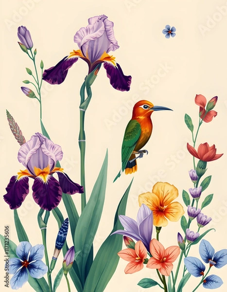 Fototapeta Drawing of flowers irises and bird in modern style, tropical print pattern natural element on beige background, trend art botanical design, vintage colors, low-poly, with white tones
