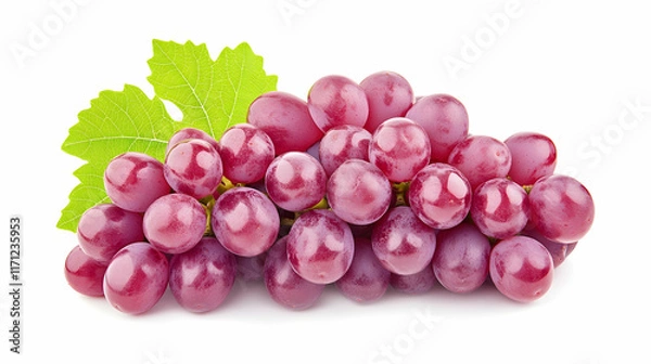 Obraz Red Grapes with Leaf, Fresh Fruit Studio Shot, White Background, Food Photography, Recipe Websites.