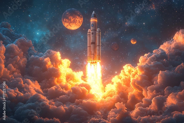 Obraz A cartoon-style 3D rocket launching into a starry sky with fluffy clouds and glowing planets,