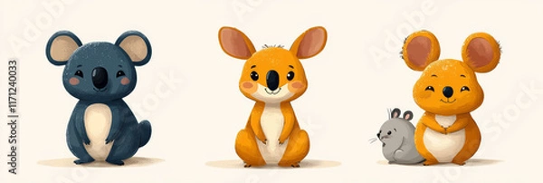 Obraz Cartoon-style kangaroo, koala, and platypus in earthy tones, each with minimalist shapes and friendly expressions,