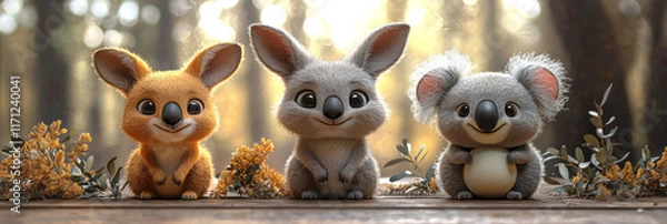 Obraz Cartoon-style kangaroo, koala, and platypus in earthy tones, each with minimalist shapes and friendly expressions,