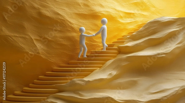 Obraz Helping Hand: A minimalist 3D design showing a golden figure pulling another up from a lower step of a golden staircase, emphasizing leadership and mentorship,
