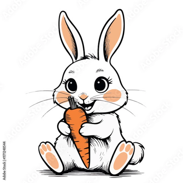 Fototapeta A Whimsical Black and White Illustration of a Rabbit Eating Carrot Clip Art Black on a Transparent Background






