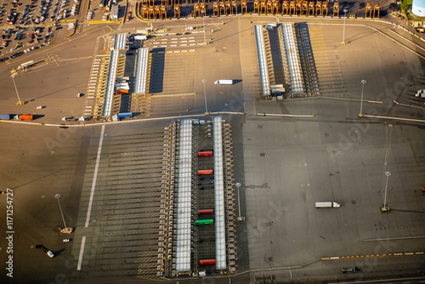 Fototapeta aerial of trucks in a port side marshalling yard
