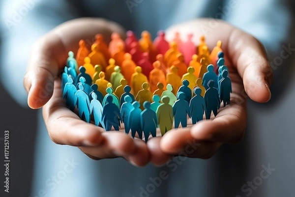 Fototapeta Hands holding colorful figures representing community and unity.