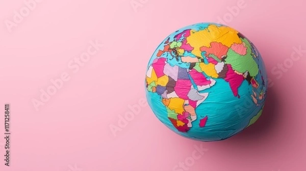 Fototapeta Conceptual Globe Wrapped in Colorful Paper on Pink Background