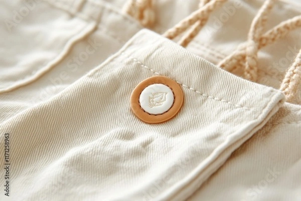 Fototapeta A close-up of the back pocket of khaki pants, showing a subtle logo patch and precise stitching
