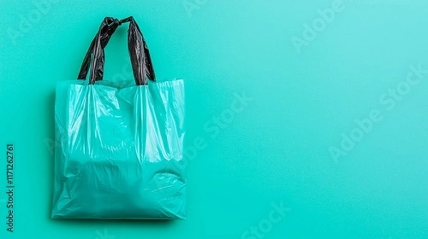 Fototapeta Close-Up of a Tangled Plastic Bag Hanging from a Tree Against a Turquoise Background