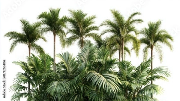 Fototapeta Tropical palm trees cluster isolated on white background. Lush green foliage and tall palm trees.