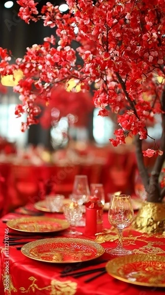 Fototapeta Red and gold table setting with cherry blossom centerpiece.