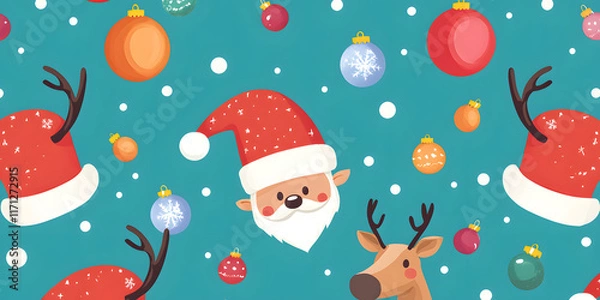 Fototapeta bright and cheerful pattern featuring Santa hats, reindeer, and colorful ornaments on teal background, perfect for festive decorations