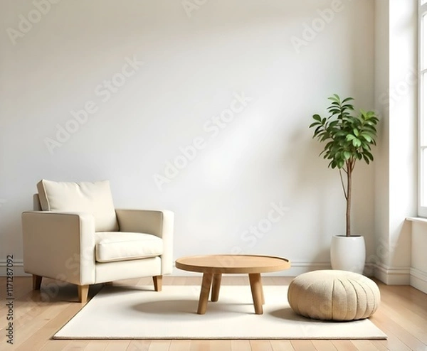 Obraz A minimalist living room with a wooden coffee table, a beige armchair, and a round pouf on a wooden floor
