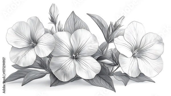 Fototapeta Monochrome sketch of blooming flowers with leaves.