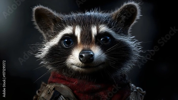 Fototapeta A cute raccoon with bright eyes, wearing a red scarf, smiling and looking directly at the viewer.