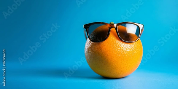 Fototapeta Summer concept with orange with sunglasses on pastel blue background. Ai generative art
