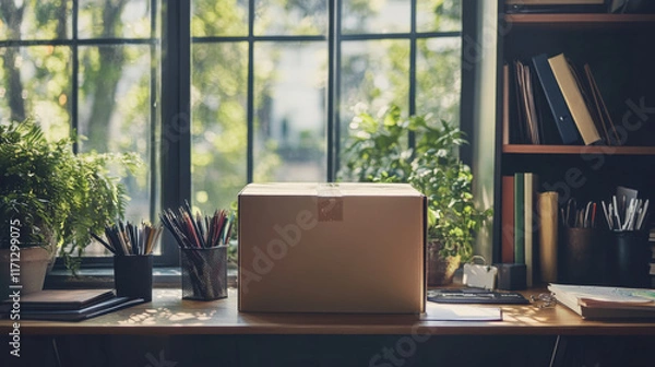 Fototapeta A Cozy Home Office Scene Featuring a Cardboard Box on a Wooden Desk Surrounded by Greenery, Stationery, and Books in Bright Natural Light for Creative Inspiration