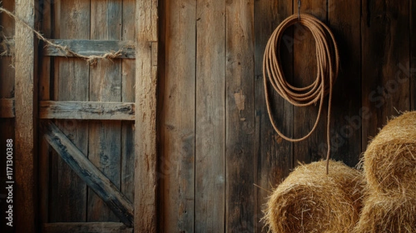 Obraz Rustic Barn Interior with Wooden Wall, Coiled Rope, and Hay Bales Perfect for Western, Country, or Farm-themed Projects and Illustrations