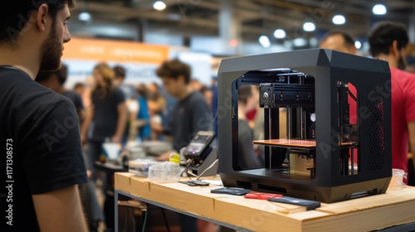 Obraz 3D printing demonstration at tech fair, showcasing printer in action. audience is engaged, highlighting innovation and technology in vibrant atmosphere