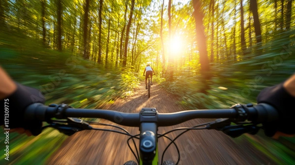 Fototapeta riding a mountainbike during summer in the forest during mid-day with a low Angle 