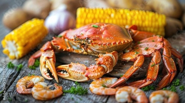 Obraz Steamed Crab with Corn on the Cob and Shrimp