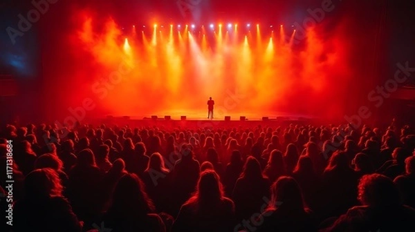 Obraz Solo performer on stage before a large crowd, illuminated by dramatic red lighting.