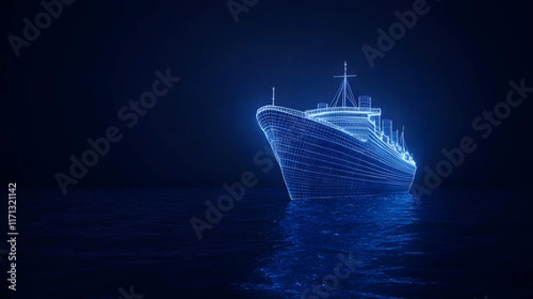Fototapeta The front of the Titanic: A wireframe hologram render showcasing the iconic ship’s bow, designed in a futuristic digital style with advanced technology.
