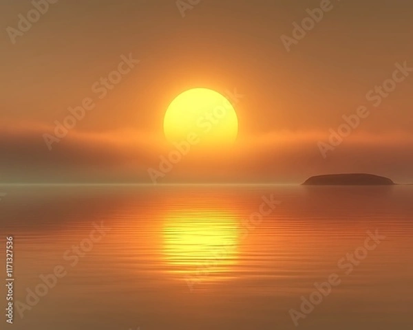 Obraz Serene sunset over calm ocean with small island.
