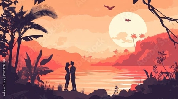 Fototapeta Valentine couple flat design side view romantic getaway theme cartoon drawing Complementary Color Scheme
