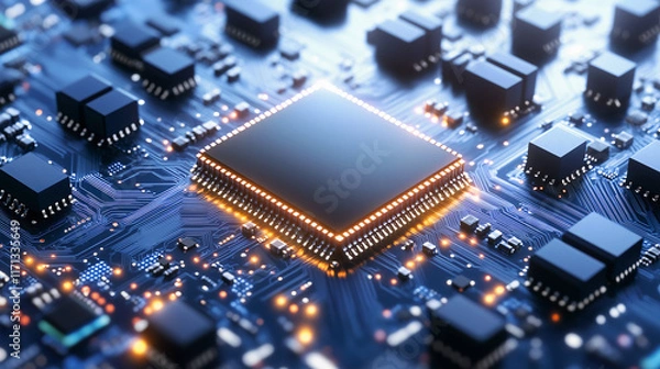 Fototapeta Computer Processor Chip on Circuit Board with Glowing Connections - 3D Rendering of Modern CPU Technology