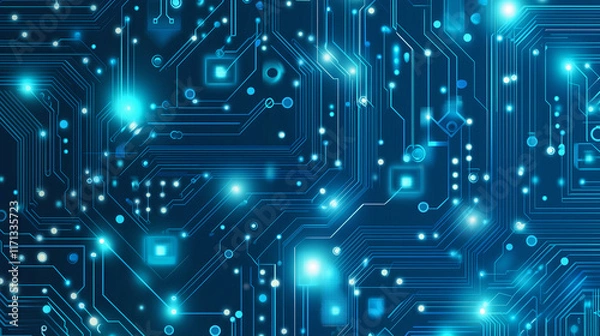 Fototapeta Futuristic Digital Circuit Board with Glowing Blue Lights and High-Tech Connections