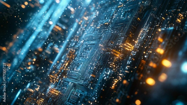 Fototapeta Abstract Digital Circuit Matrix with Light Trails - Futuristic Technology Network Background in Blue and Gold