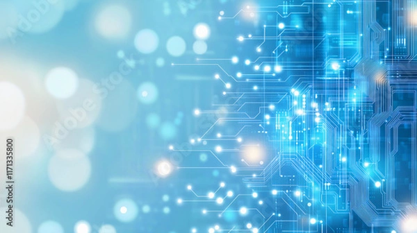 Fototapeta Digital Technology Abstract Background with Circuit Board Pattern and Bokeh Lights - Futuristic Tech Concept