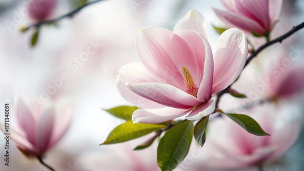 Fototapeta Pink magnolia blossoms.  Spring background. Selective focus. Space for text.
