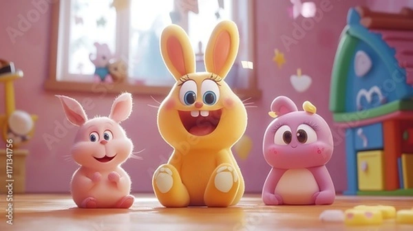 Obraz Three cartoon animals, bunny rabbits and a small creature, in a children's playroom, sitting on the floor, happy expressions.