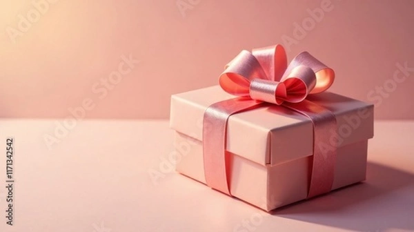 Fototapeta A delicately wrapped pink gift box with a satin ribbon bow, presented on a soft pink surface