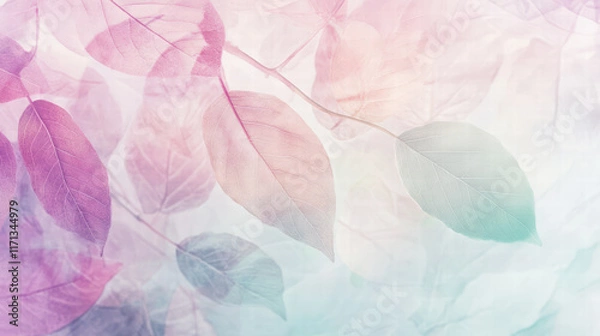 Fototapeta Soft pastel leaves create serene and calming atmosphere, blending shades of pink, purple, and green. This gentle composition is perfect for adding touch of tranquility to any design