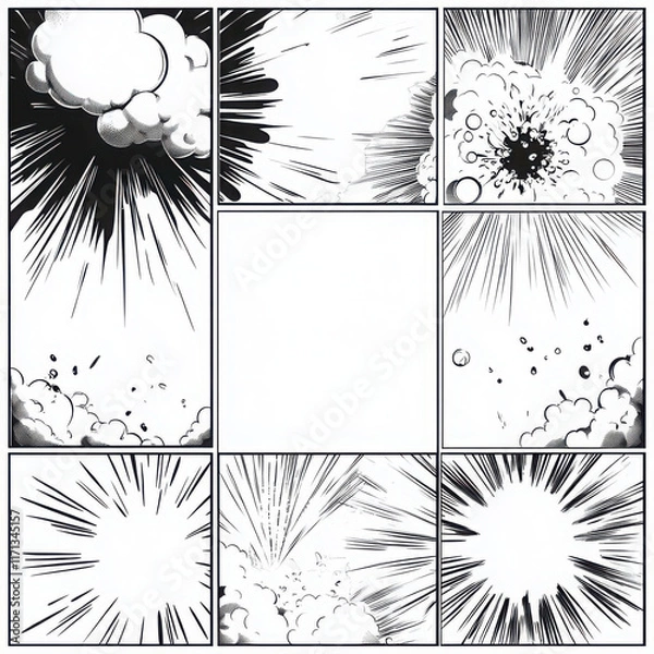 Fototapeta Comic book template, white background with black comic frame and copy space in the middle of each panel, explosion, cloud, sun ray vector graphics.