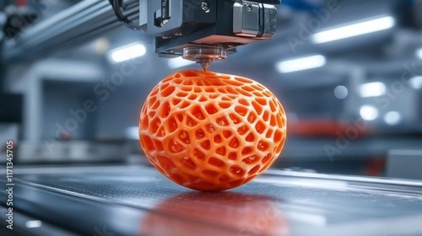 Fototapeta Innovative 3D Printer Creating Vibrant Orange Abstract Object
