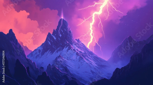 Fototapeta Majestic mountain peak illuminated by lightning during vibrant thunderstorm, showcasing dramatic colors and atmospheric effects. Nature power on full display