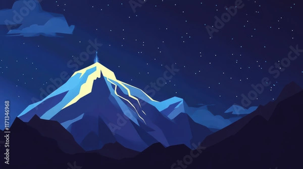 Fototapeta Majestic mountain peak illuminated by lightning during thunderstorm, surrounded by starry night sky. dramatic scene evokes sense of awe and wonder