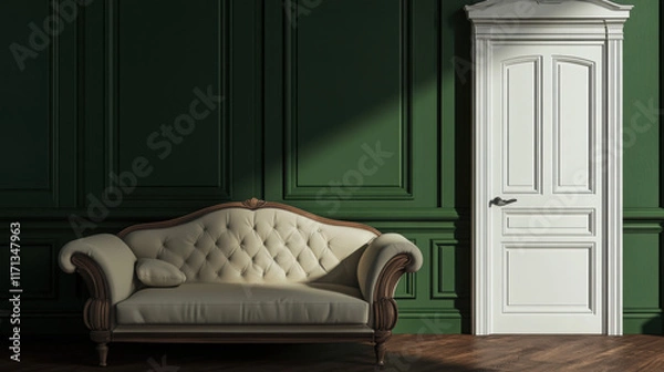 Fototapeta A living room sofa is positioned against an green wall, with a white classic door in background --ar 16:9 --v 6.1 Job ID: 88b0af52-daea-4de7-901c-9c1209eb14ec