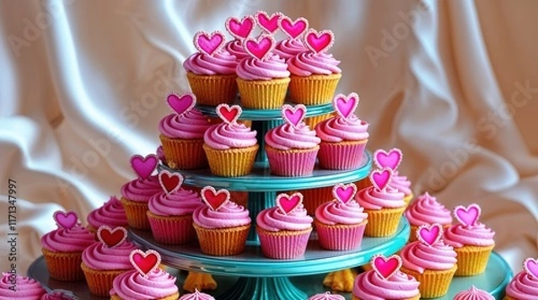 Obraz  Pink Frosted Cupcakes with Heart Toppers, Elegant Display on Satin Background
