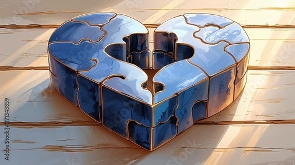 Fototapeta Metallic Heart Puzzle in Blue and Gold, Artistic Representation of Love