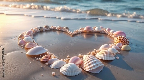 Fototapeta Heart Made of Seashells and Pearls on Sandy Beach at Sunset