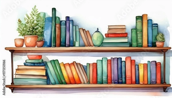 Fototapeta bookshelf clipart filled with books of various sizes watercolor illustration perfect for nursery art simple clipart single object white color background