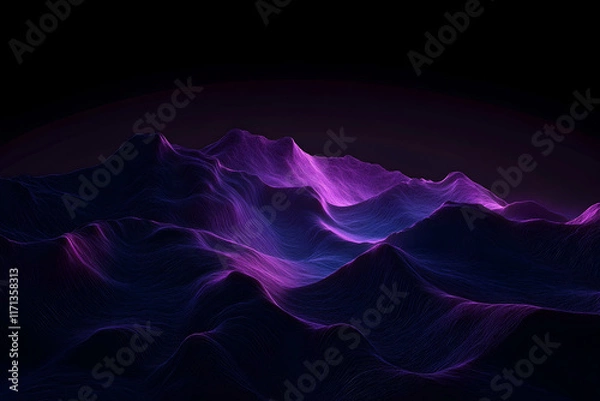 Obraz 3D render of abstract glowing purple and blue waves, dark background