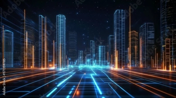 Fototapeta Futuristic urban landscape highlighting connected buildings and technologies.
